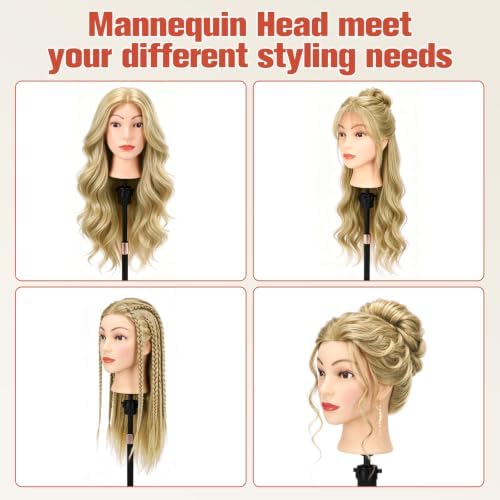 TopDirect 80% Mannequin Head Human Hair,26''Sandy Blonde Real Hair Mannequin Head,Cosmetology Manikin Head Doll Hair Styling Hairdressing Practice Training Wig Head with Clamp Holder and Tools - Image 3
