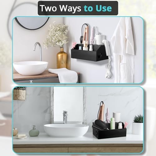 Bivvclaz Hair Tool Organizer, Wooden Hair Dryer Holder Wall Mount, Countertop Hot Tools Organizer for Hair Styling Accessories, Bathroom Supplies Vanity Caddy for Curling Wand, Blow Dryer, Black - Image 5