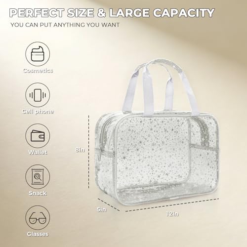 Clear White Star Large Makeup Bag with Star Pattern 12x5x8 inch, Travel Cosmetic Bag with Handle, Durable PVC Material Washbag Zipper Opening Design for Makeup Travel Organizer or Gym Use - Image 2