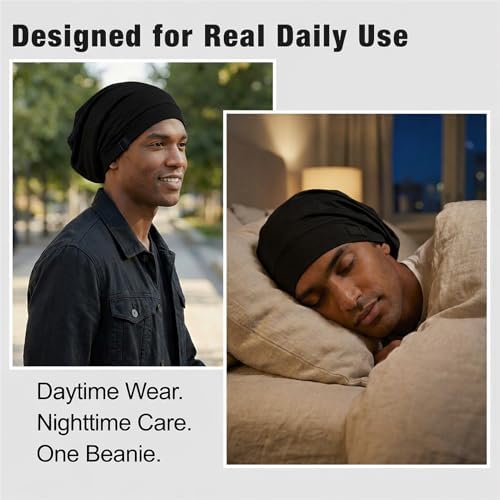2PCS Silk Bonnet for Sleeping for Hair, Satin Lined Sleep Cap for Women Men, Adjustable Beanie Hair Wrap (03 Black/Black) - Image 6