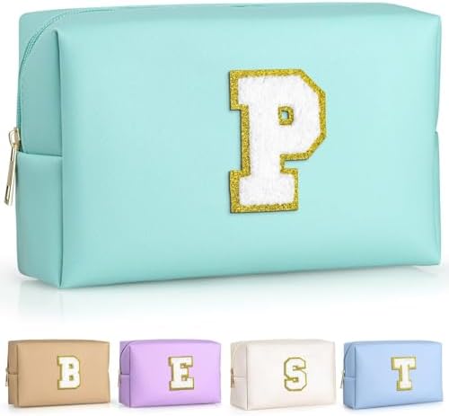 TOPEAST Personalized Makeup Bag, Chenille Letter Pouch Cosmetic Bag w Zipper, PU Leather Waterproof Toiletry Bag, Bridal Shower Gifts for Bridesmaids, Cute Stuff for Girls (Blue P) by TOPEAST