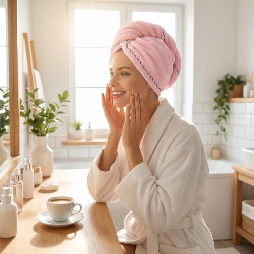 Microfiber Hair Towel 4 Pack, Hair Towel Wrap Quick Dry Hair Hat Anti-frizz Head Turban with Button, Wet Curly Hair Towels for Women (Blue & Pink & Purple & Red) - Image 7