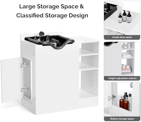 OmySalon Shampoo Bowl with Cabinet, Portable Salon Hair Washing Station with Adjustable Shelf, UPC Certified Faucet, Freestanding Backwash Sink for Barber, Beauty Salon, Spa, White - Image 6