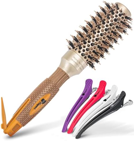 Fagaci Small Round Brush for Blow Drying with Natural Boar Bristle, Hair Styling, Drying, Healthy Hair and Add Volume, Ceramic Gold, Hair Brush + 4 Styling Clips by Fagaci