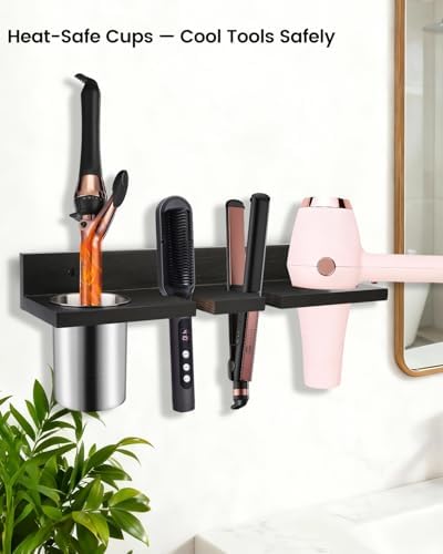 Hair Tool Organizer for Bathroom – Wall Mounted Hair Dryer Holder with Heat-Resistant Cups, Curling Iron & Straightener Rack, Blow Dryer Organizer for Vanity or Wall (Black) - Image 3