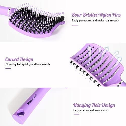 Hair Brush,URTHEONE Detangling Hairbrush Boar Bristle Curved Vented Hair Brush for Women Men Kids Curly Thick Long Short Wet or Dry Hair, Faster Blow Drying (2Pack, Pink&Purple) - Image 2