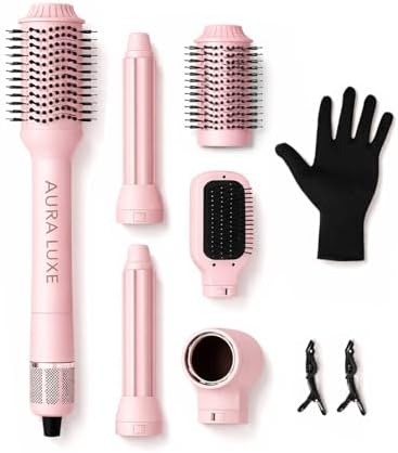 5-in-1 Blow Dryer Brush Set Pink, Ionic Hot Air Brush with Ceramic Tourmaline Metal Curling Barrels, Volumizer Straightener Hair Dryer for All Hair Types Travel Friendly — Aura Luxe by Unknown