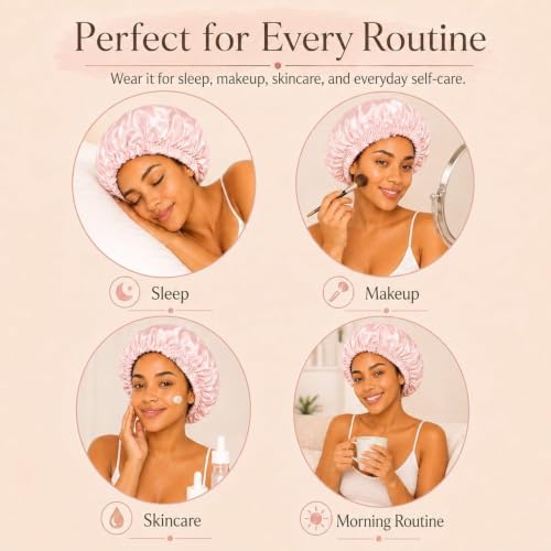 Women’s Satin Bonnet for Sleeping, Double Layer Sleep Cap, Pink - Image 4