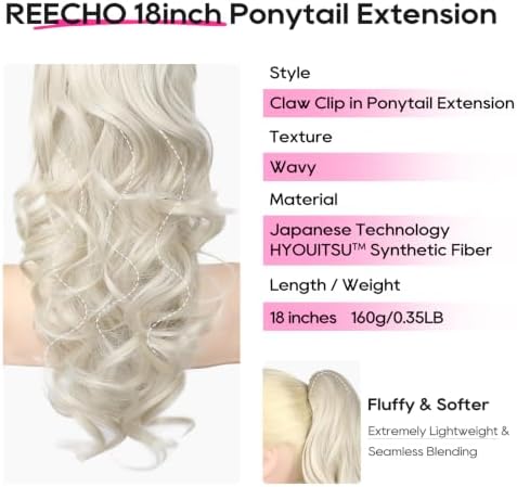 REECHO Ponytail Extension, 18" Clip in Ponytail Hair Extensions for Women, Short Wavy Synthetic Pony Tail Hairpiece for Daily Wear Cheer Dance, Platinum Blonde - Image 2
