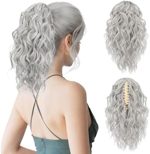 Flufymooz Ponytail Extension, 12" Short Claw Ponytail Extension Wavy Curly Jaw Clip in Pony tails Hair Extension Natural Synthetic Hairpiece for Women (Grey/Silver/White Mixed) by Flufymooz