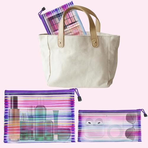 Mesh Bags with Zipper (6 Pack), Nylon Makeup Bag Cosmetic Pouches Travel Organizer Case for Purse Diaper Bag Home Organizing Striped Multi Size Purple - Image 3