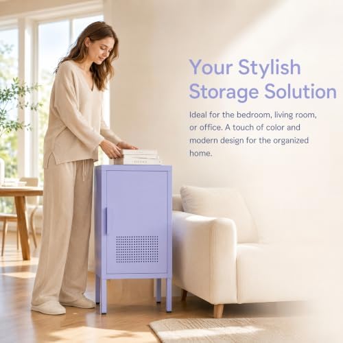 Purple Metal Freestanding Nightstand Cabinet, Ventilated Single Door End Table with Adjustable Shelf & 2-Tier Storage for Bedroom Living Room Entryway Office - Image 7