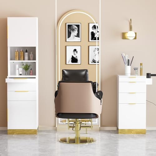 OmySalon Salon Stations for Hair Stylist, Barber Station with Storage Cabinet & Drawers & Hair Dryer Holders, Modern Beauty Salon Spa Equipment for Barbershop, White - Image 2