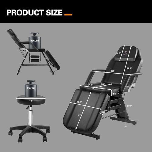 Facial Chair,73″ Tattoo Chair for Client,3-Section Adjustable Massage Table with Stool,Multipurpose Beauty Beds Salon Equipment for Esthetician,Tattooshop,Spa (Black) - Image 3