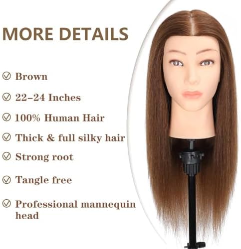Mannequin Head Human Hair, 100% Real Hair Cosmetology Manikin Head for Practice Braiding Hairstyling Cutting with Free Clamp Holder and Tools (100% Brown) - Image 2
