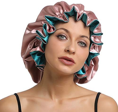 SENGTERM Women Large Satin Bonnet Adjustable Silky Sleep Cap Hair Bonnet Double Layered Reversible for Curly,Natural Hair (XL-ADULT, XL Pink-Green) - Image 3