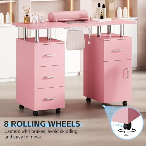 Manicure Table Nail Desk, Nail Station with Electric Dust Collector, Wrist Rest and Storage Drawers Cabinet, Beauty Salon Workstation for Nail Tech, Pink - Image 7