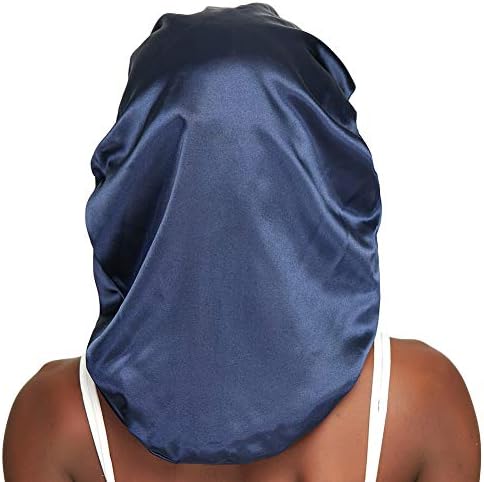 Double Layer Satin Bonnet for Curly Hair Long Bonnet for Braids Medium Navy - Image 6