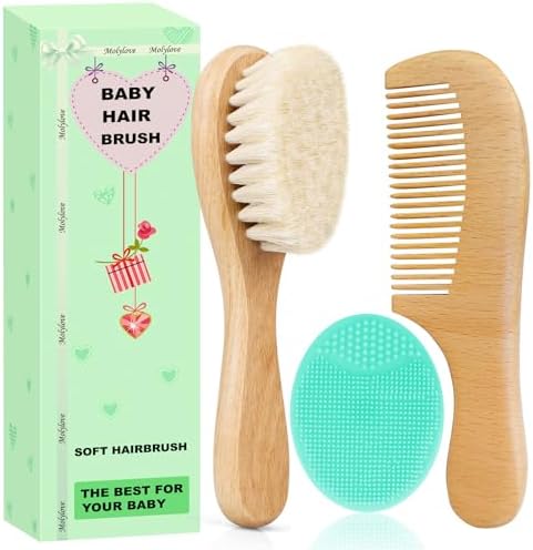 Baby Hair Brush with Wooden Handle and Comb Set for Newborns & Toddlers | Natural Soft Goat Bristles l Wood Comb l Green Cradle Cap Brush | Ideal for Cradle Cap (3 Piece) by Molylove