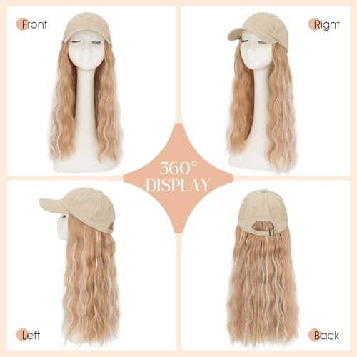 Rich Choices Hat Wigs for Women,Khaki Baseball Cap with Hair Extensions for Women,Caps with Wavy Curly Long Hair Attached Adjustable Baseball Cap Wig 18 Inch Highlighted Honey Blonde Hair - Image 5