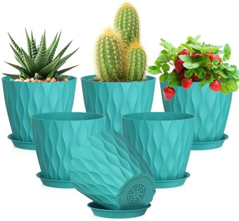 Meowell 5 inch Plant Pots for Indoor Outdoor Plants, 6 Pack Flower Pots with Drainage Holes and Saucers, 3D Modern Wave Texture Small Plastic Planter Pots for Nursery and House Plants, Blue Green by Meowell