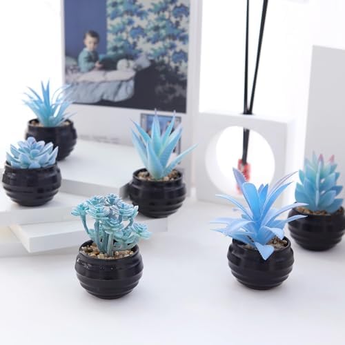 GREENTIME 6Pcs Blue Artificial Succulents in Plastic Pots Fake Plants - Image 4