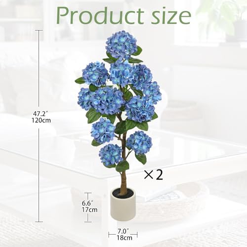 4FT Blue Hydrangea Artificial Flowers Tree Large Real Touch Faux Silk Hydrangea Plants Potted Fake Flower in White Pot for Home Indoor Outdoor Front Porch Garden Entrance Living Room Decor, 2 Pack - Image 2