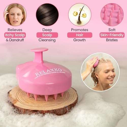 RELAXXO Scalp Massager Hair Growth – Exfoliator & Hair Scrubber for Scalp, Soft Bristles for Dandruff & Soothing Comfort, Shampoo Brush, Wet & Dry Use, Pink - Image 2