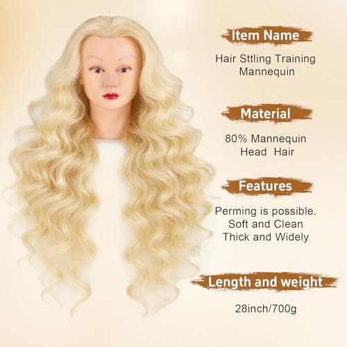 28 Inch Mannequin Head with 80% Human Hair Face Mannequin Head for Hair styling Practice - Curling, Braiding, Cutting Multiple Hair Colors with Table Clamp Stand for Kids and Professionals - Image 2