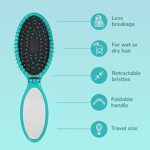 Wet Brush Pop Go Detangler, Blue Teal - Foldable, On-The-Go Design, Travel Brush, Ultrasoft IntelliFlex Bristles, Detangling Hairbrush, Built-In Mirror Handle, Wet & Dry, All Hair Types (Pack of 2) - Image 3