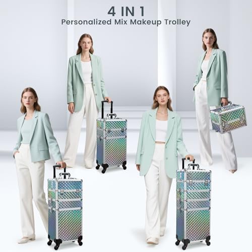 Stagiant Rolling Makeup Case Cosmetology Case on Wheels 4 in 1 Makeup Travel Case Large Cosmetic Organizer Storage with Key Swivel Wheels Nail Artist Salon Traveling Cart Trunk Watery Blue - Image 6