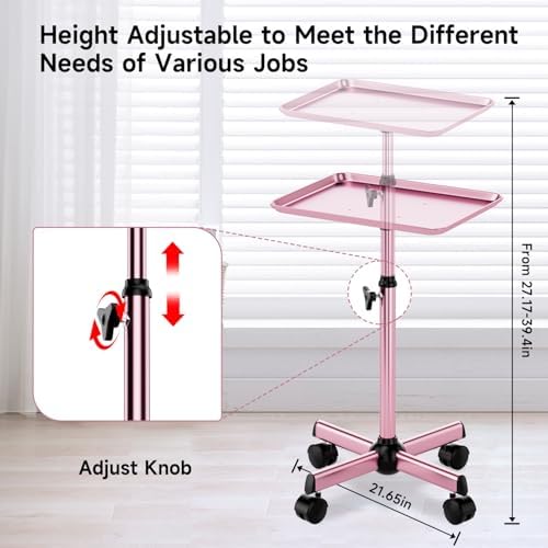 Salon Tray Cart Rolling Tray Spa Tray,Tattoo Tray Dental Tray Height Adjustable,Salon Tray on Wheels Premium Metal Rolling Trolley,Pink - Image 4