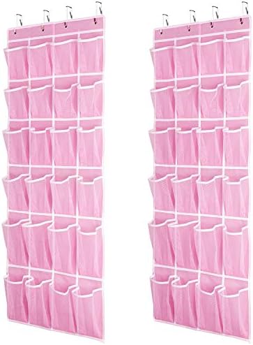 SAVERHO 2 Pack Hanging Shoe Organizer, Over Door Shoe Organizer with 24 Mesh Large Pockets Shoe Storage Bag for Closet Entryway Dorm, Space Saving Hanging Door Shoe Rack Organizer (Pink-2pack) by SAVERHO
