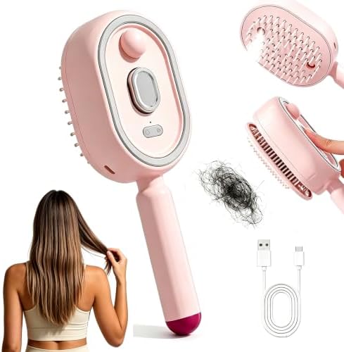 Women Electric Spray Air Cushion Massage Hair Comb, Self‑Cleaning Anti‑Tangle Anti‑Static Volumizing Brush, for Frizz Control Smooth Shine Daily Hair Care(Pink) by Unknown