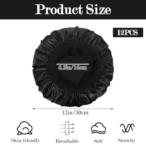 12 Pcs Silk Bonnet for Women Curly Hair Satin Bonnet Hair Wrap for Sleeping Cap with Tie Band Soft and Breathable (Black) - Image 2