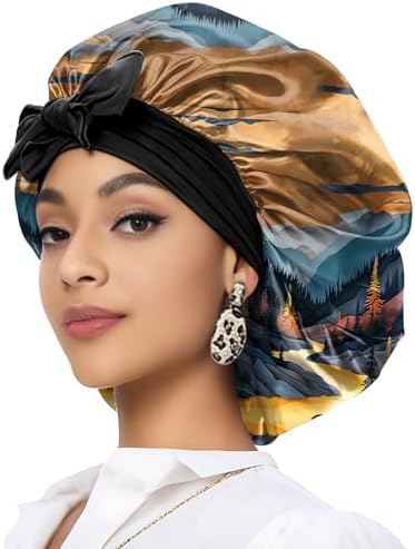 Satin Hair Braid Bonnet for Sleeping Double Layer Elastic Wide Soft Tie Band Hair Silk Lined Sleep Cap Women Girls by Deokke