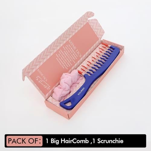 Extra Large Wide Tooth Shower Detangler Curve Comb for Thick, Curly, Wavy & Natural Hair - Pain-Free Knot Removal, Anti-Static, Frizz-Free, Ergonomic Handle & Easy Hanging - Blue with Scrunchie - Image 6
