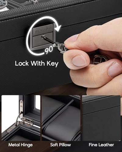 VLANDO 6-Slot Watch Box for Men, Lockable 2-Layer Organizer with Glass Lid, Textured Leather Case for Watches, Rings, Bracelets and Glasses, Gift for Husband or Dad - Image 4