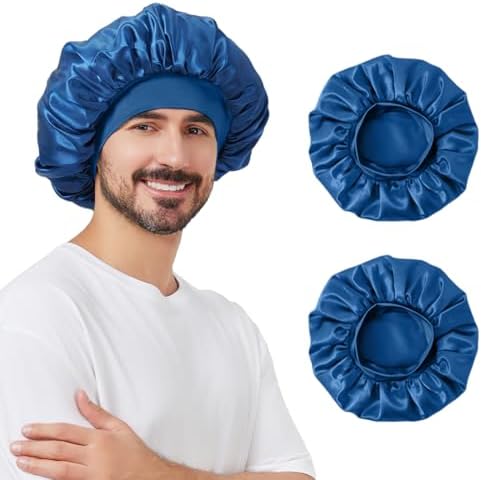 2 PCS Satin Silk Bonnet for Men Women, Hair Bonnet for Sleeping Men with Elastic Band, Large Silk Bonnet for Men Women Curly Hair Braids (Blue+Blue) by SUPAZE