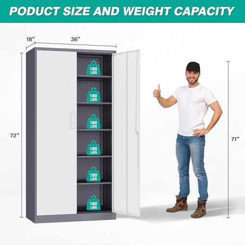 Wide & Deep Metal Storage Cabinet with 2 Doors and 5 Adjustable Shelves,72 inch Tall Locking Garage Storage Cabinet with Lock,Gray White Pantry Cabinets,Steel Cabinets for Home,Office,Garage 72x36x18 - Image 3