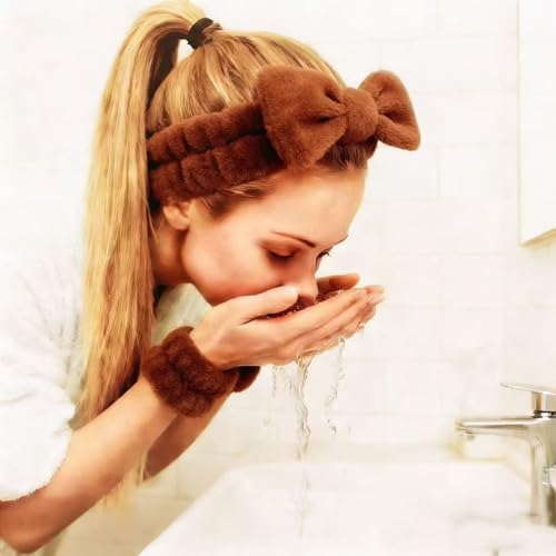 7 Pcs Spa Set, Facial Headband and Wristband Set, Skincare Accessories, College Style Girl Idea Gifts, Hair Accessories for Women and Girls （Dark Brown） - Image 5