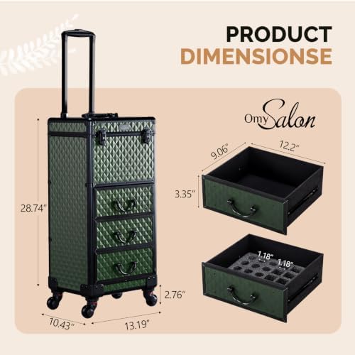 OmySalon Rolling Makeup Train Case with 3 Drawers, Cosmetology Case on Wheels w/Pull Handle and Removable Wheels, Large Cosmetic Organizer Storage Box for Nail Tech, Makeup Artist(Dark Green) - Image 2