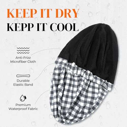 Shower Cap for Men Black White Plaid Bath Cap, Reversible Large Waterproof Adjustable Shower Caps Terry Lining & Elastic Band Stretch Hem Hair Hat - Image 2