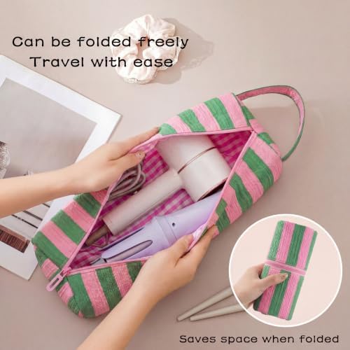 RSRSLEII Striped Hair Tools Travel Bag, Portable&Foldable, Green&Pink - Image 4