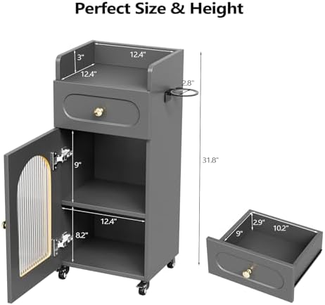OmySalon Salon Cart with Wheels, 3-Tier Rolling Beauty Cart with Glass Door & Dryer Holder, Mobile Hair Styling Station for Barber, Spa, Esthetician, Nail & Tattoo Artists, Lockable Storage, Grey - Image 5