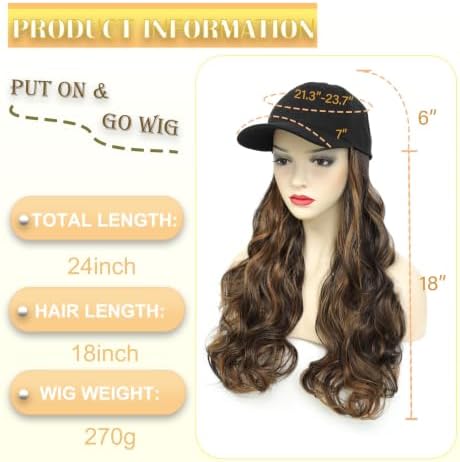 Hat Wig Baseball Cap Hat with Long Wavy Wig Layered Highlights Brown Hair - Image 3