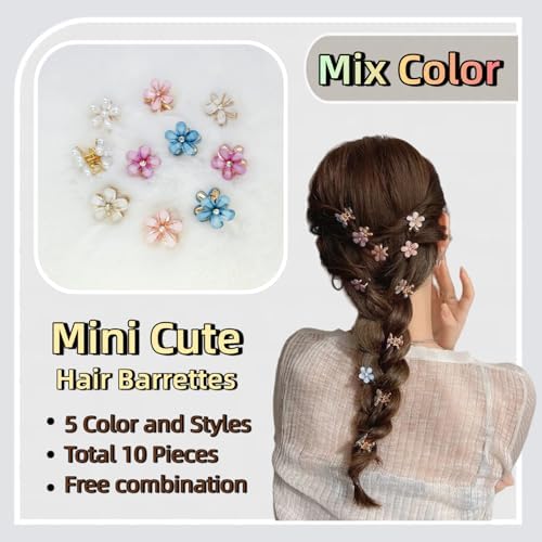 10 Pcs Mini Cute Flower-Shaped Hair Clips for Girls, Multicolor Crystal Hair Barrettes for Long Braid Hairstyles, Pearl Hairpin for Women Hair Accessories (10 Pcs- Mix Color) - Image 2