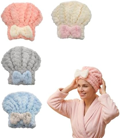 4-Pack Microfiber Hair Towel Cap for Short/Medium Hair, No Twist, No Tug, Soft Absorbent Drying Hat with Bow for Women - Great for Skincare, Makeup, Shower by Unknown