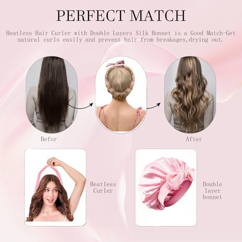 Heatless Hair Curler and Double Layer Satin Bonnet Set for Overnight Curls - No Heat Curling Rod with silk Bonnet, Sleep-In Safe for Long/Medium Hair, Frizz-Free Waves & Volume(Pink) - Image 4
