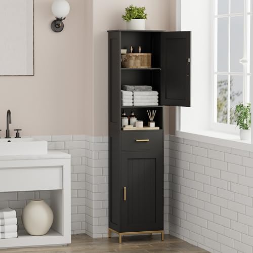 Homhedy 67" H Bathroom Storage Cabinet, Tall Bathroom Cabinet, Black - Image 2